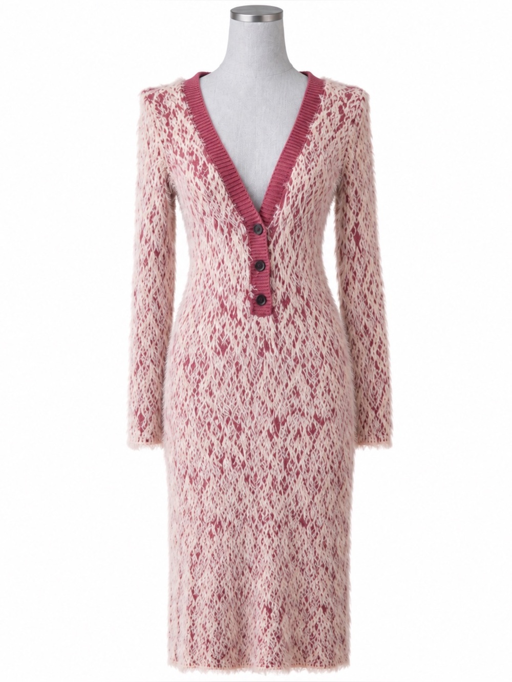 Free People Pink Marled Fuzzy Knit Button Front Midi Sweater Dress XS